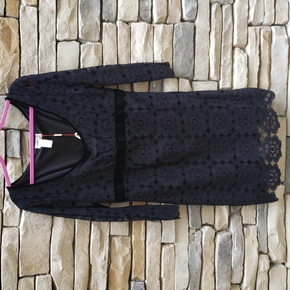 Black empire waist lace dress with velvet trim